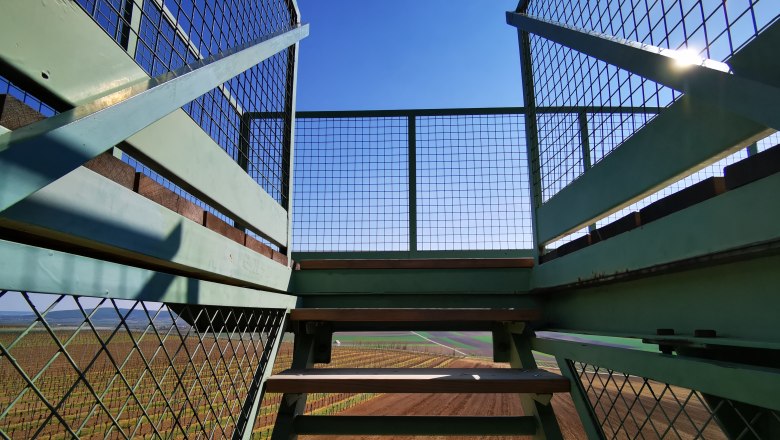 Blick von einer Treppe mit Metallgeländer auf Felder und blauen Himmel.
