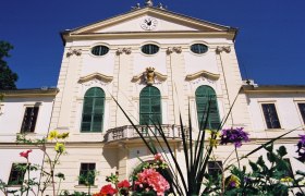 Fassade von Schloss Kirchstetten mit gr&uuml;nen Fensterl&auml;den und Uhr, umgeben von bunten Blumen.