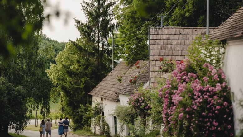 L&auml;ndliche Stra&szlig;e mit alten H&auml;usern und bl&uuml;henden Rosenb&uuml;schen, zwei Paare spazieren.
