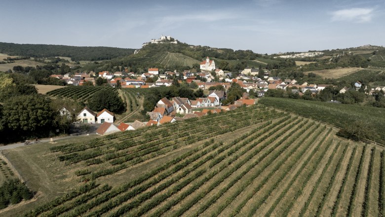 Luftaufnahme von Weinbergen und einem Dorf mit der Burgruine Falkenstein im Hintergrund.