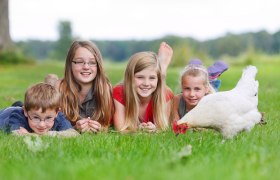 Vier Kinder liegen auf einer Wiese neben einem weißen Huhn.