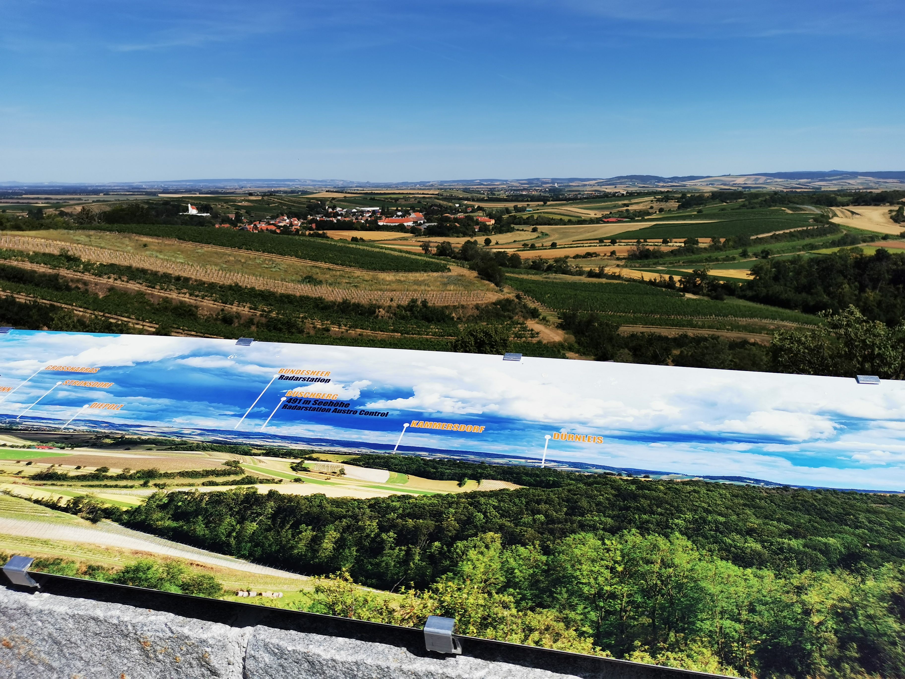 Panoramic view from the Vösenau viewpoint with landscape and information board.
