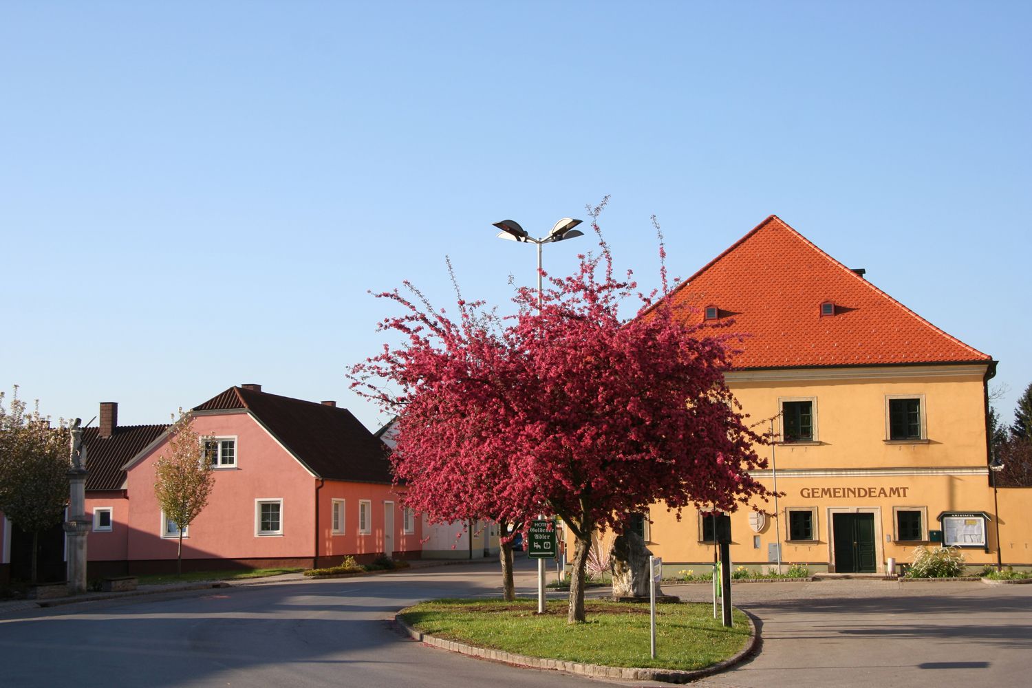 Ein gelbes Gebäude mit der Aufschrift 'Gemeindeamt' und einem blühenden Baum davor.