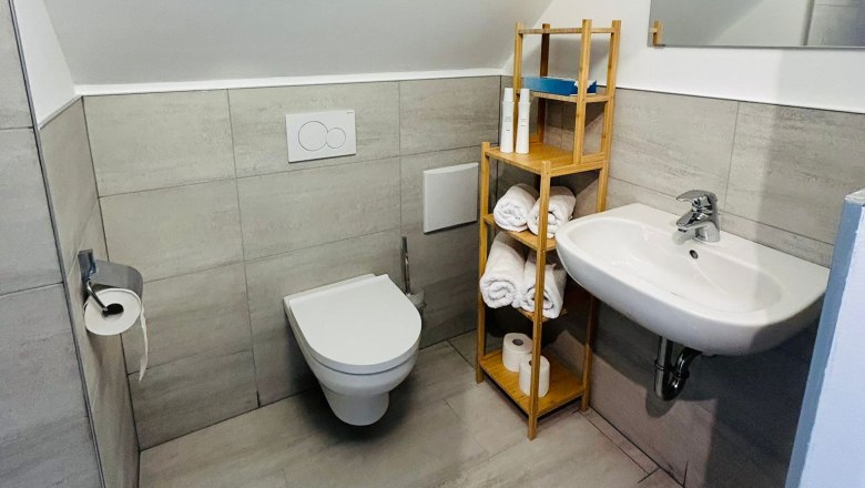 Badezimmer mit WC, Waschbecken und Dusche.