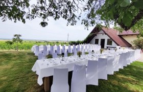 Gedeckte Tische im Freien neben einem Haus mit rotem Dach, umgeben von grüner Landschaft.