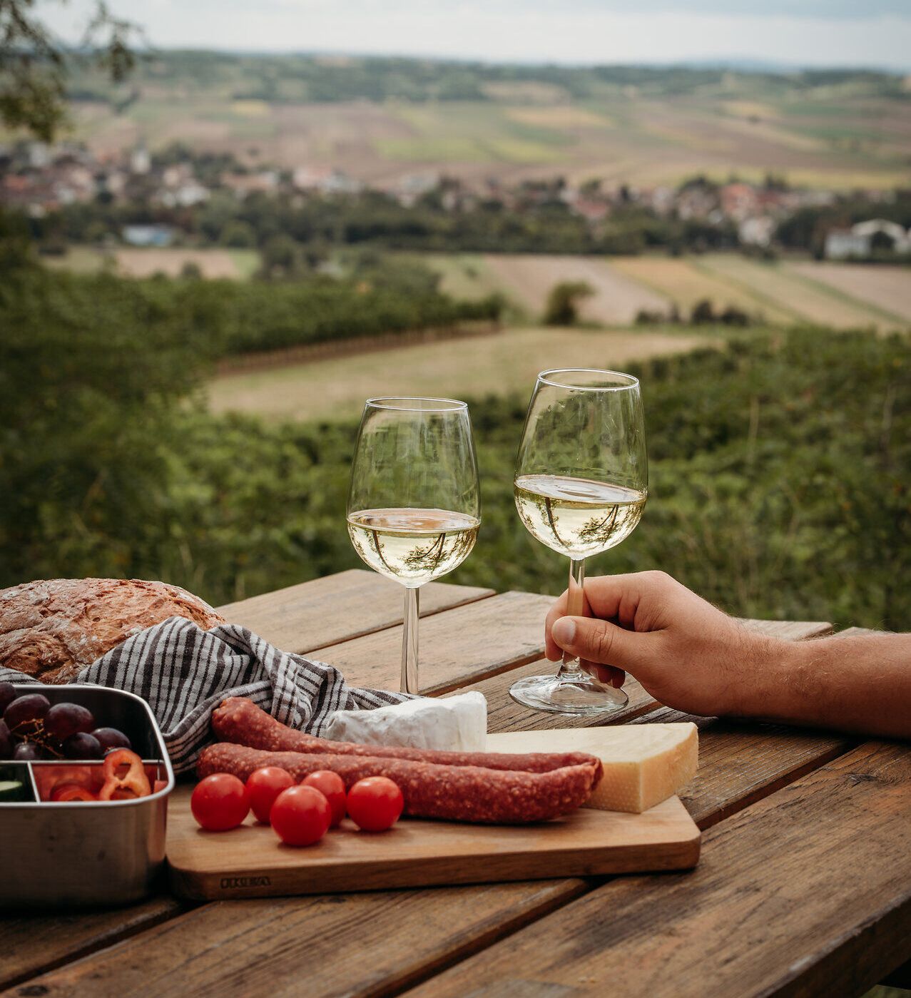 Auf einem Holztisch mit Blick auf die sanft-hügelige Weinviertler Landschaft ist eine Jause mit Hartwurst, Käse, Brot und Gemüse angerichtet. Eine Hand greift nach einem der beiden eingeschenkten Weißweingläser.