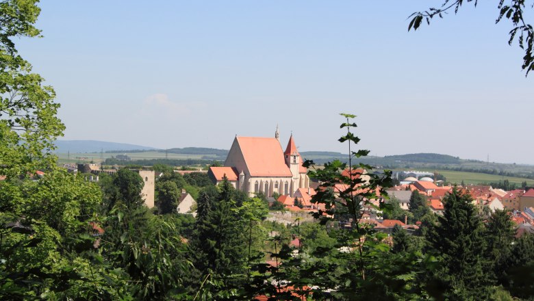 Panoramic view of Eggenburg with church and surrounding buildings, surrounded by trees and hills in the background.