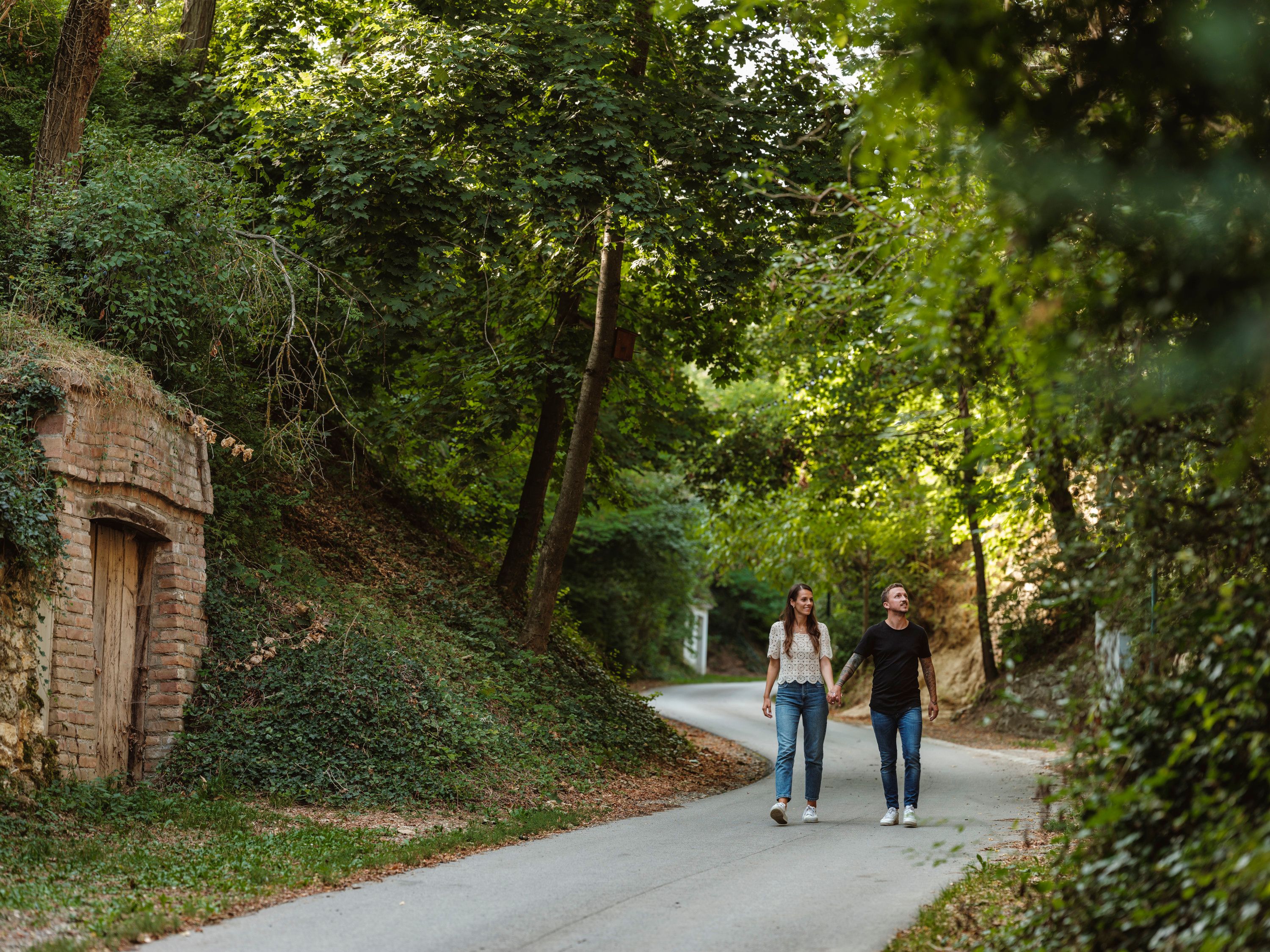 A couple walks along a tree-lined street in a rural setting.
