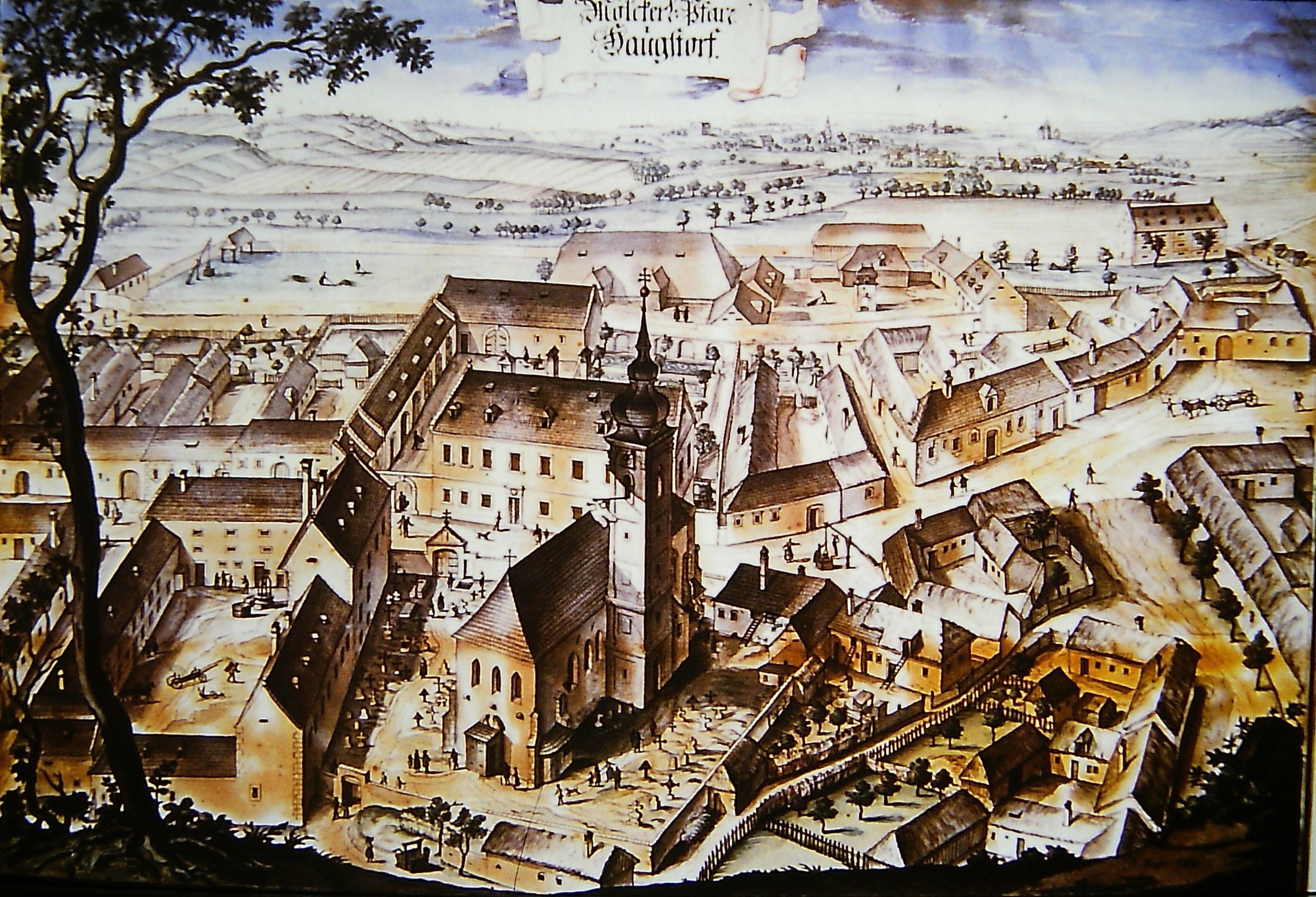 Historical drawing of a church with a surrounding cemetery and buildings in a rural setting.