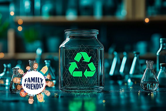 family | Ein Recycling-Symbol auf einem Glas inmitten wissenschaftlicher Glaswaren in einer dunklen 