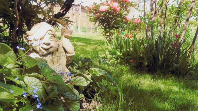 Garten mit Gartenzwerg und blühenden Pflanzen.