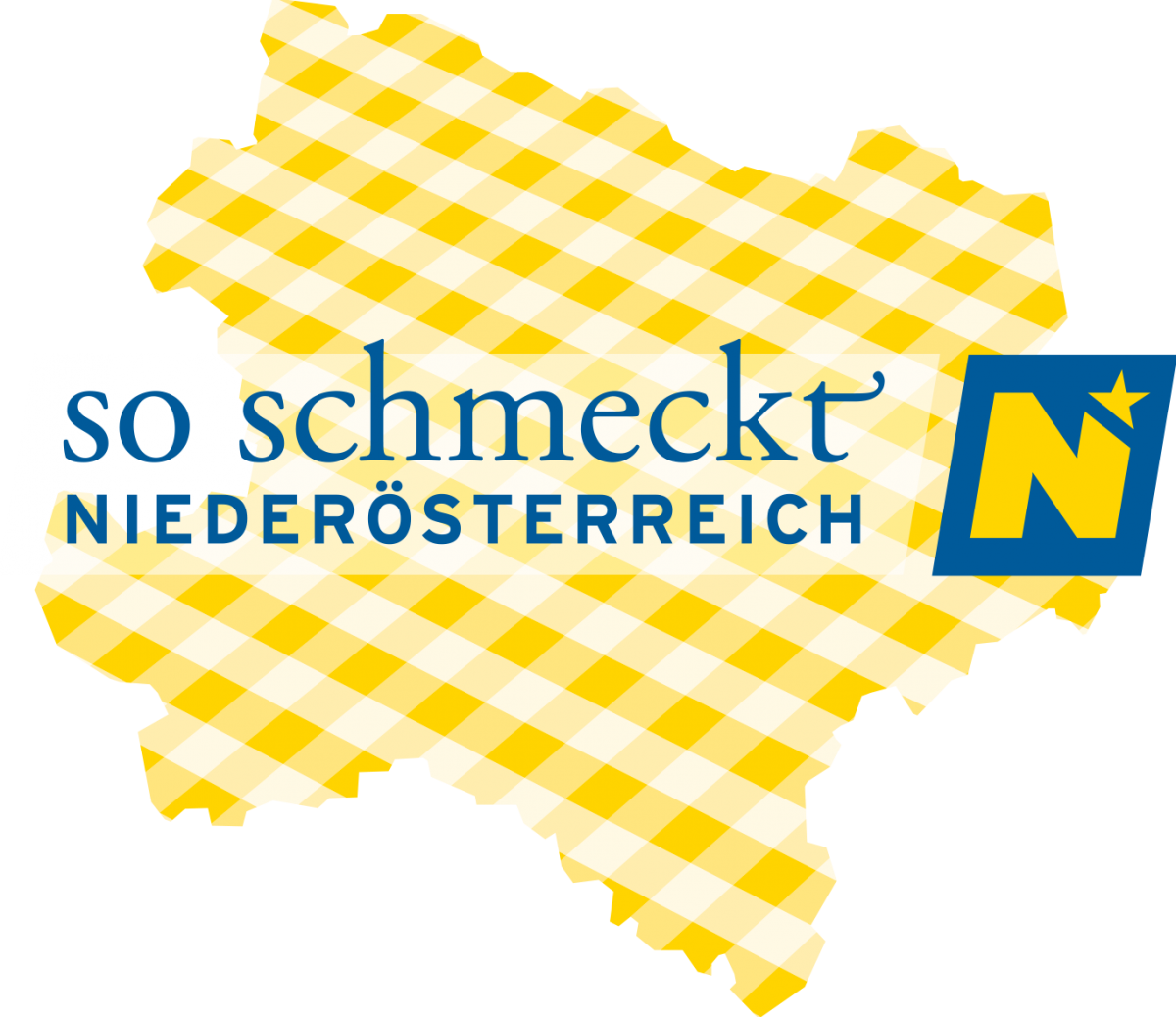 Logo der Marke "So schmeckt Niederösterreich" beinhaltet den Slogan, das Niederösterreich-Logo sowie die Landesübersicht in weiß-gelb kariert. 