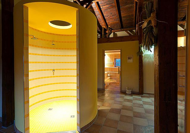 Innenansicht eines Sauna- und Relaxbereichs mit Dusche und Holzbalken.