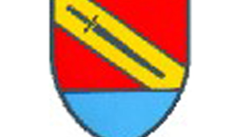 A coat of arms with a red and blue background, a yellow diagonal bar and a black sword.