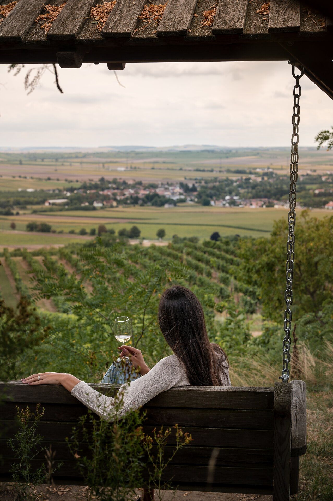Eine Frau sitzt auf einer großen Holzschaukel und genießt den Ausblick auf die Weinviertler Landschaft mit zahlreichen Weingärten. In der Hand hält sie ein Glas Weißwein.