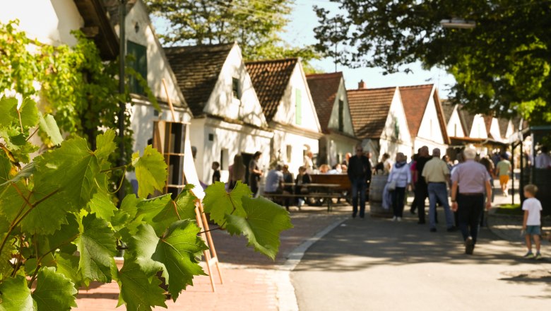 Menschen spazieren durch eine malerische Gasse mit wei&szlig;en H&auml;usern und Weinreben im Vordergrund.