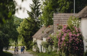 Ländliche Straße mit alten Häusern und blühenden Rosenbüschen, zwei Paare spazieren.