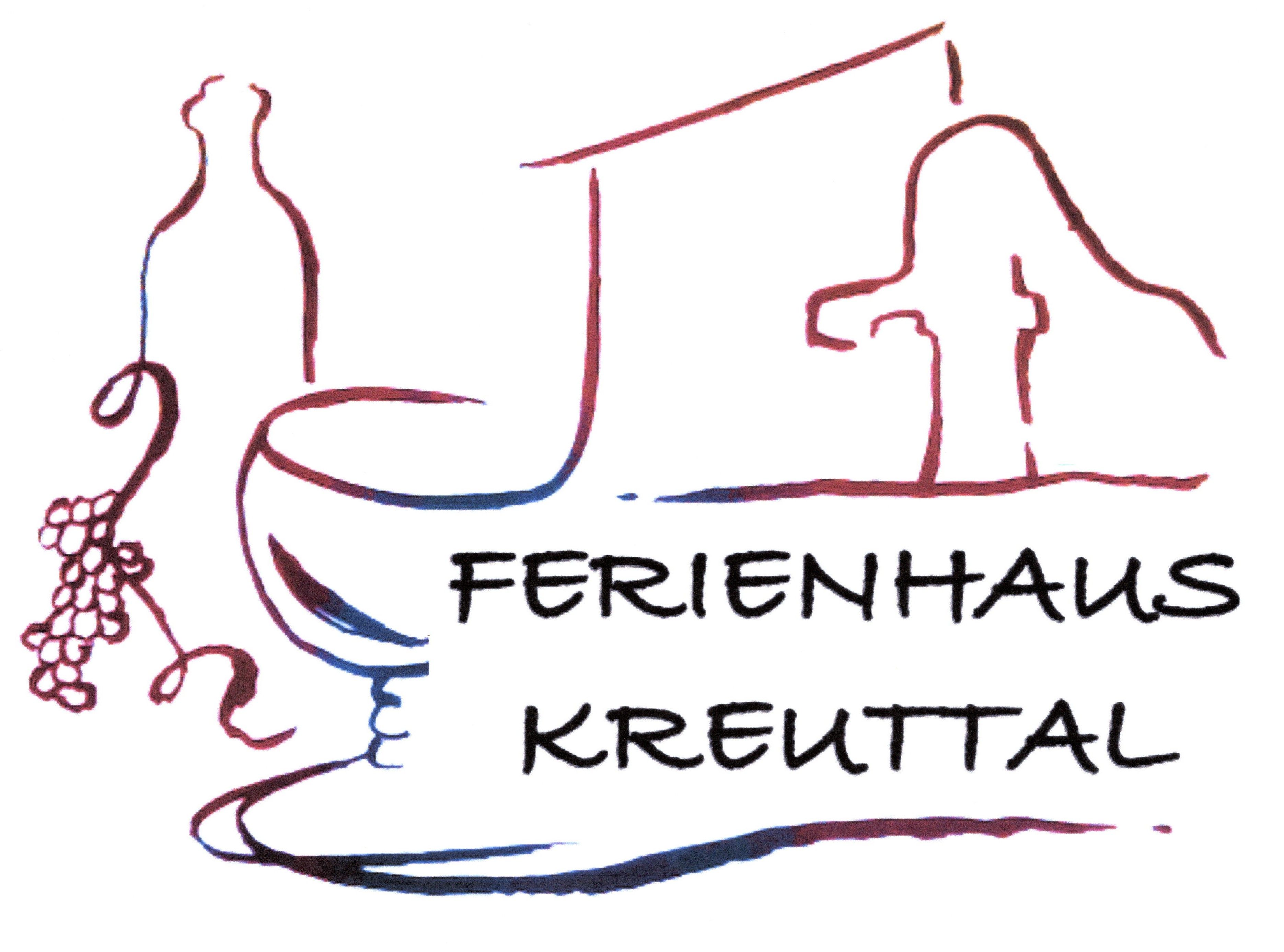 Logo rekreačního domu Kreuttal s lahví vína, hrozny a obrysem domu.
