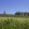 Landschaft mit Kapelle, Weinbergen und Häusern unter blauem Himmel.