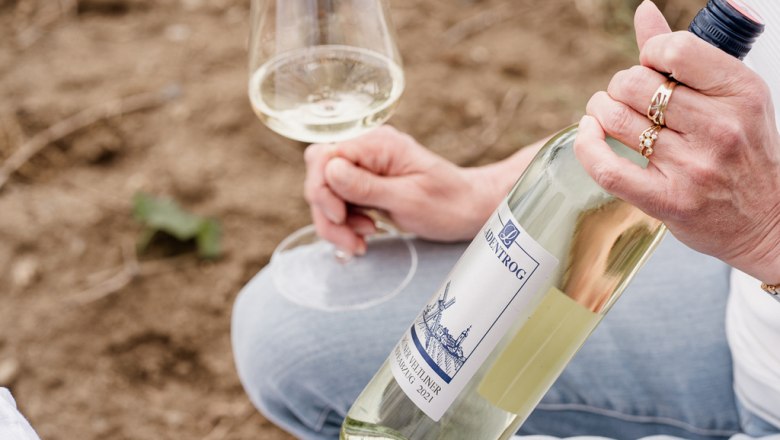 Person hält eine Flasche Weißwein und ein Weinglas in der Hand.