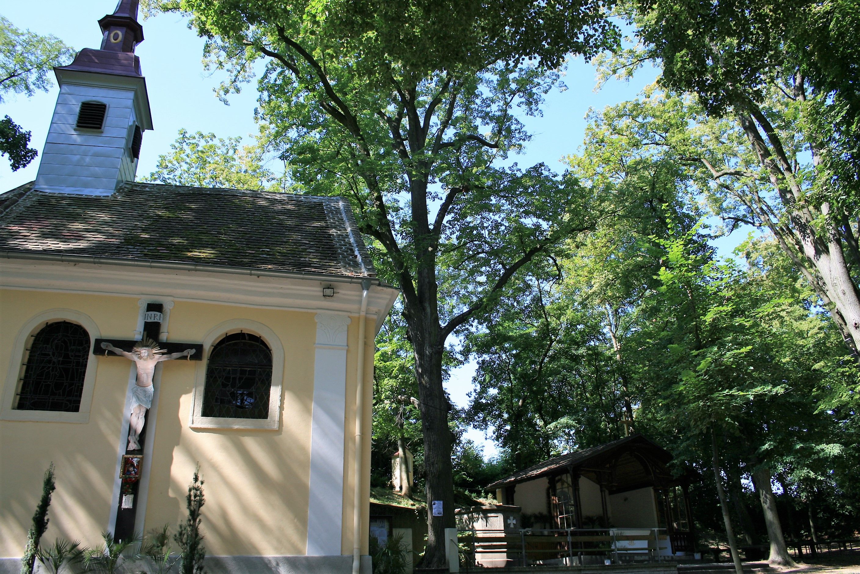 A small chapel in the forest with a crucifix on the outside wall.