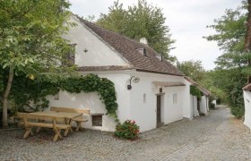 Weißes Kellerstöckl mit Weinstöcken und Holztisch auf Kopfsteinpflasterstraße.