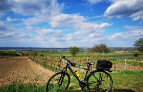 Fahrrad vor einer Landschaft mit Feldern und blauem Himmel.