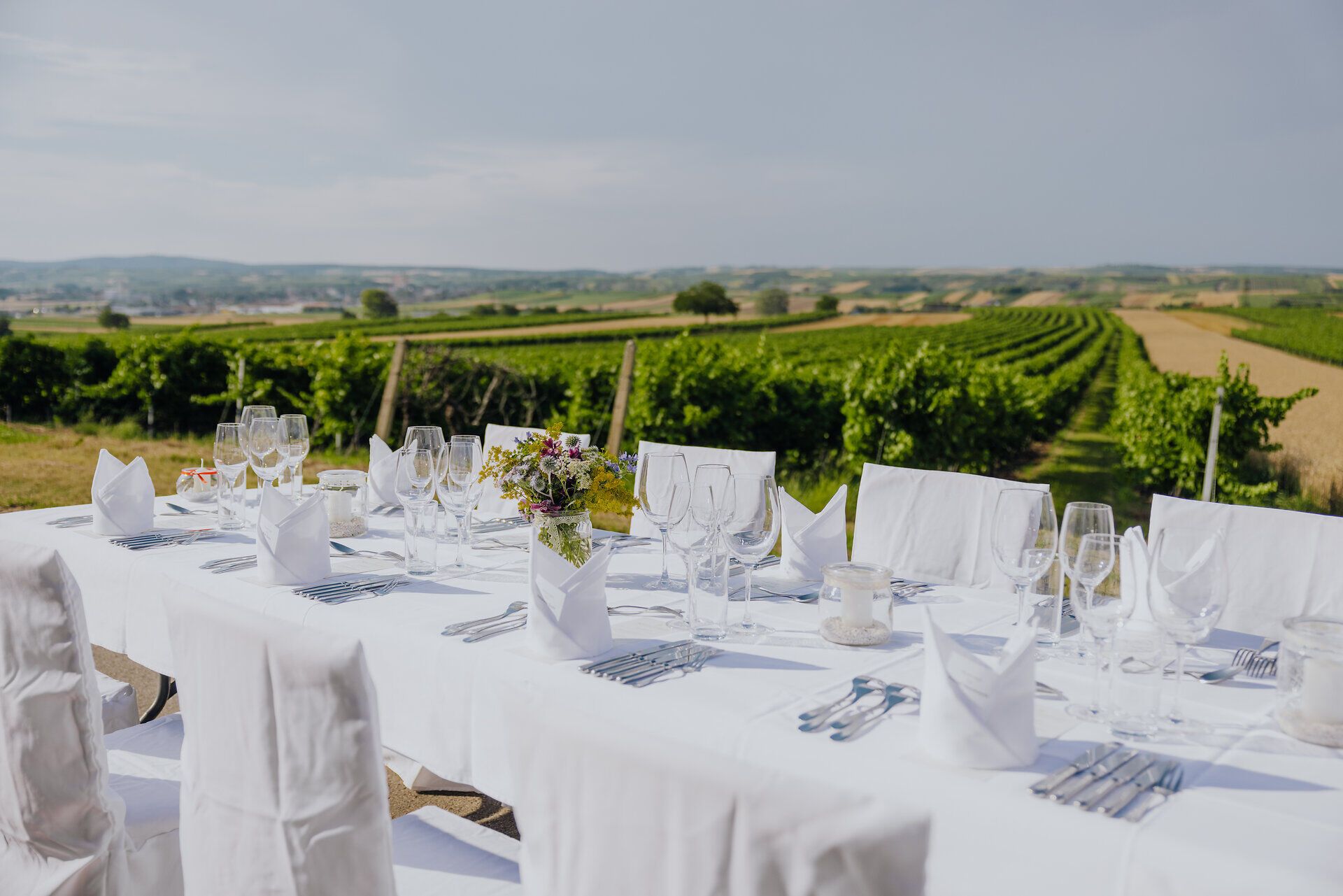 Eine festlich gedeckte Tafel lädt dazu ein, die kulinarischen Köstlichkeiten der Region zu genießen. Umgeben von sanften Weinbergen und der malerischen Landschaft des Weinviertels, entsteht eine harmonische Atmosphäre, die zum Verweilen einlädt.