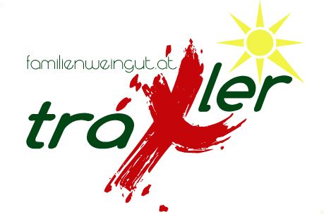 Logo rodinného vinařství Traxler s červeným tahy štětcem a žlutým sluncem.