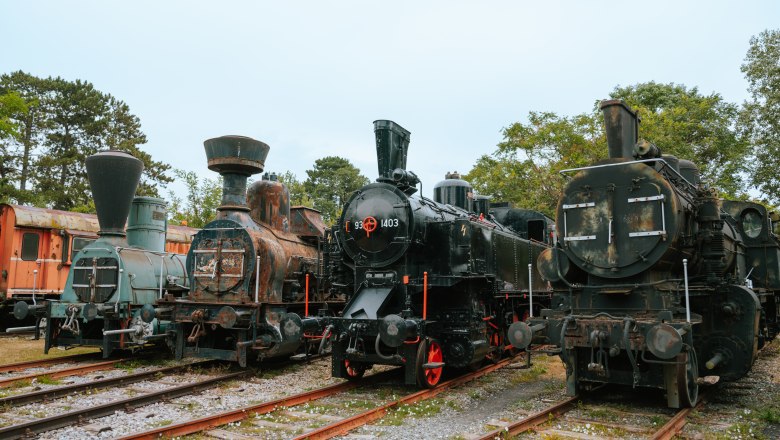 Old steam locomotives outdoors on rails at the Strasshof Railway Museum.