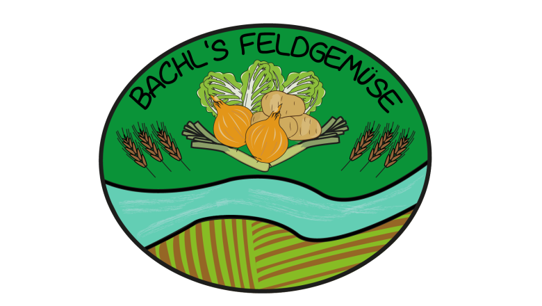 Logo von Bachl's Feldgemüse mit Gemüse und Landschaft.