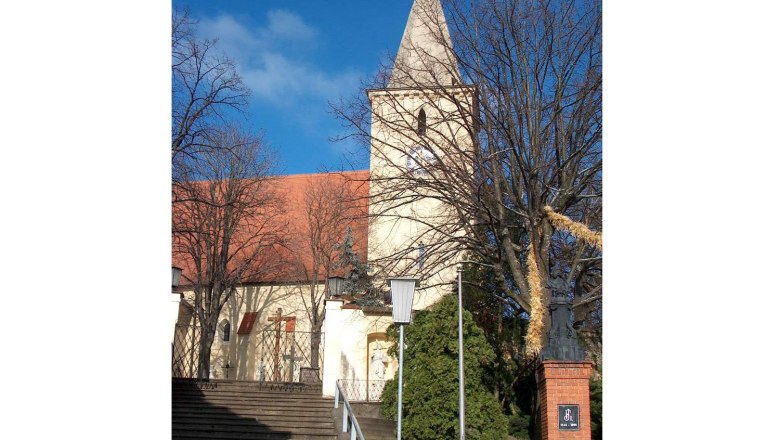 Pfarrkirche mit Turm und roten Dachziegeln, umgeben von B&auml;umen und Treppen im Vordergrund.