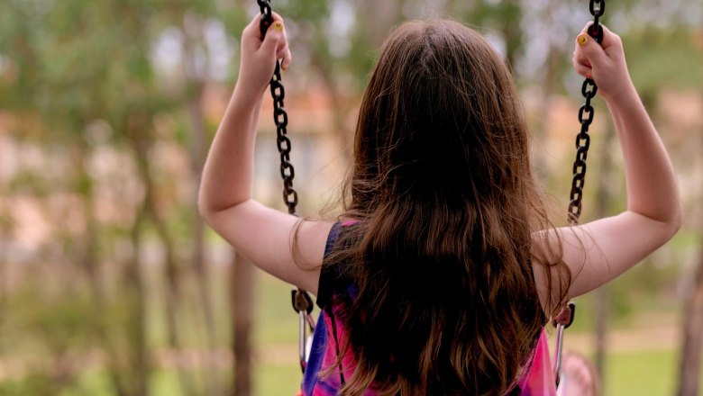 A child swings on a swing outdoors, surrounded by trees.