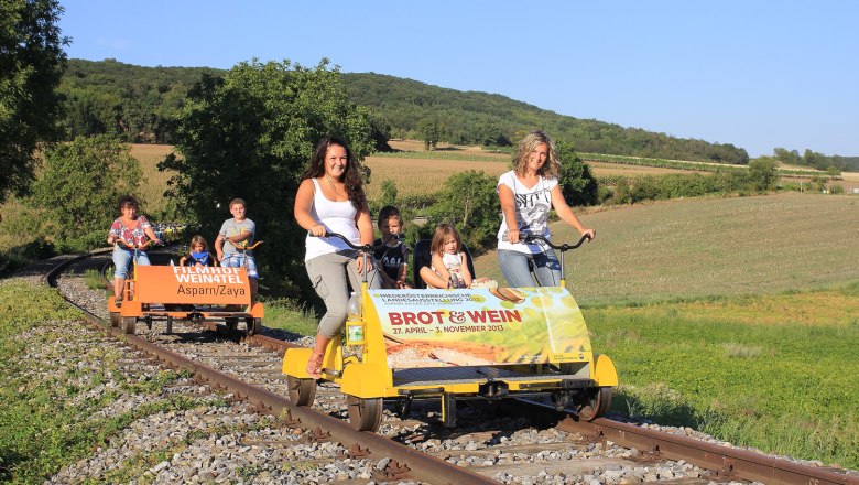 Menschen fahren auf einer Draisine durch eine l&auml;ndliche Landschaft.