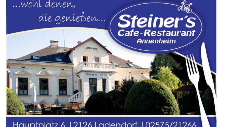 Werbung für Steiner's Cafe-Restaurant Annenheim mit Bild des Gebäudes und Adresse.