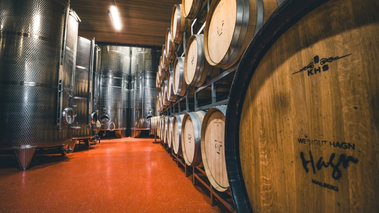 Wine cellar with wooden barrels and stainless steel tanks.