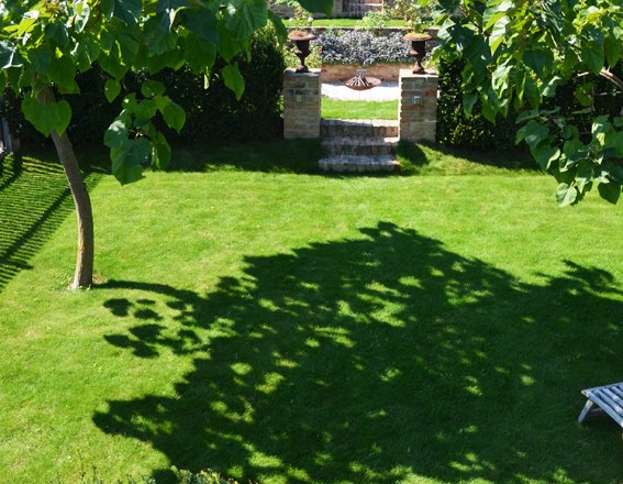 Ein gepflegter Garten mit gr&uuml;ner Wiese, B&auml;umen und einem dekorativen Torbogen im Hintergrund.