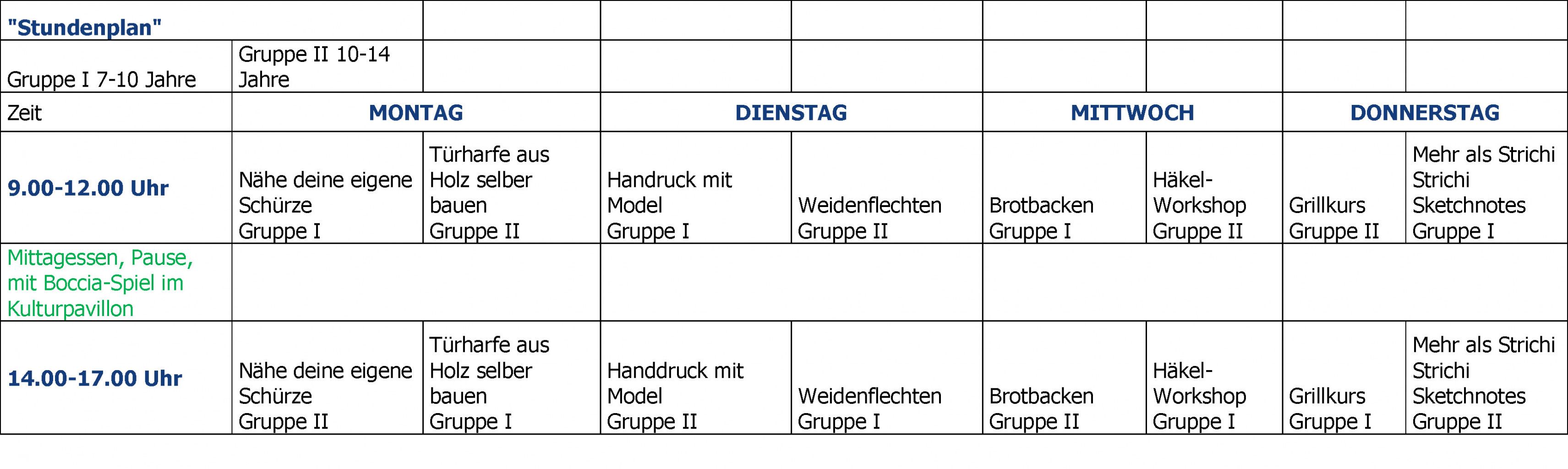 Sommerschule des Handwerks Stundenplan