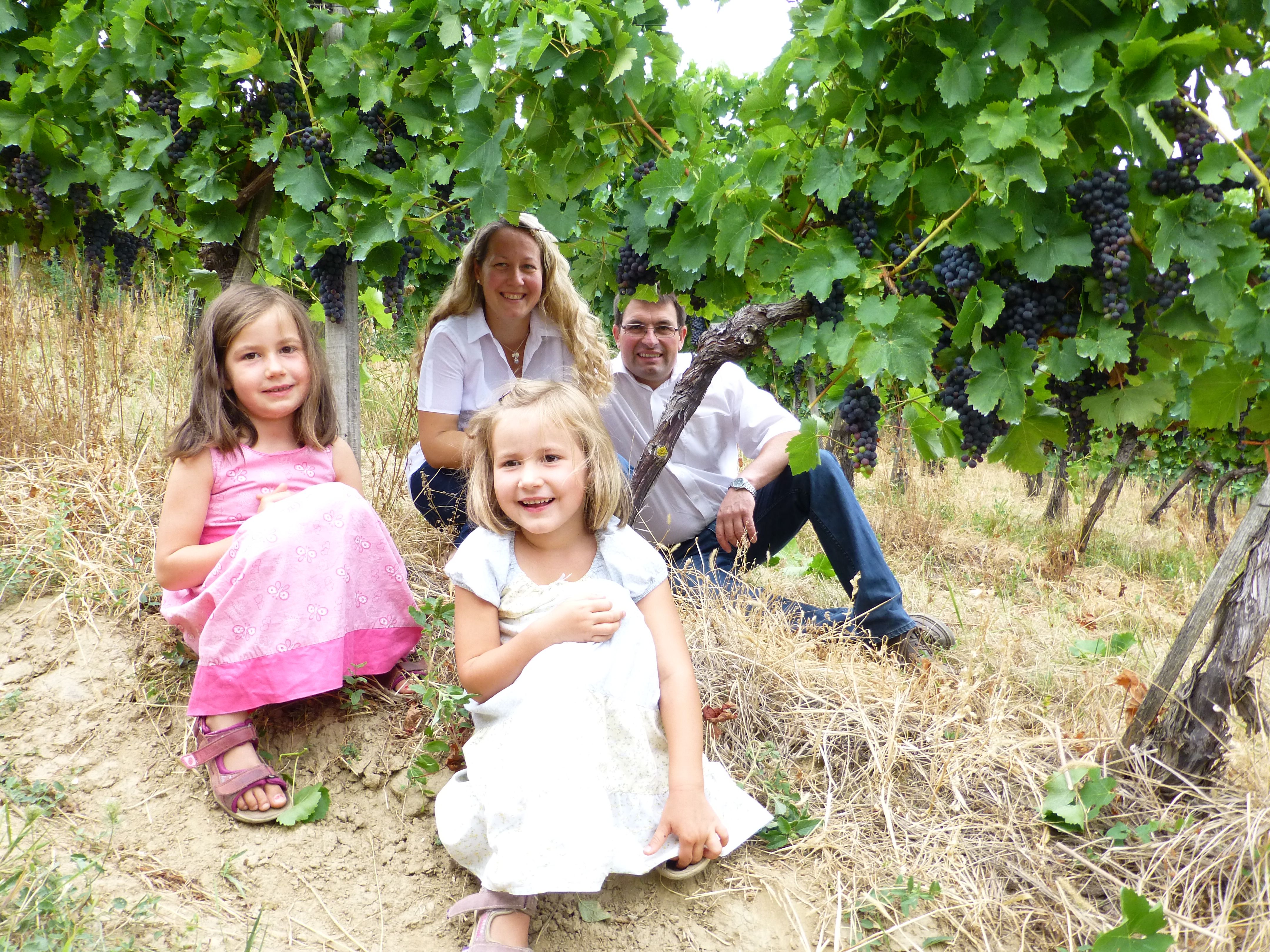 Family sits in a vineyard, surrounded by green leaves and grapes.