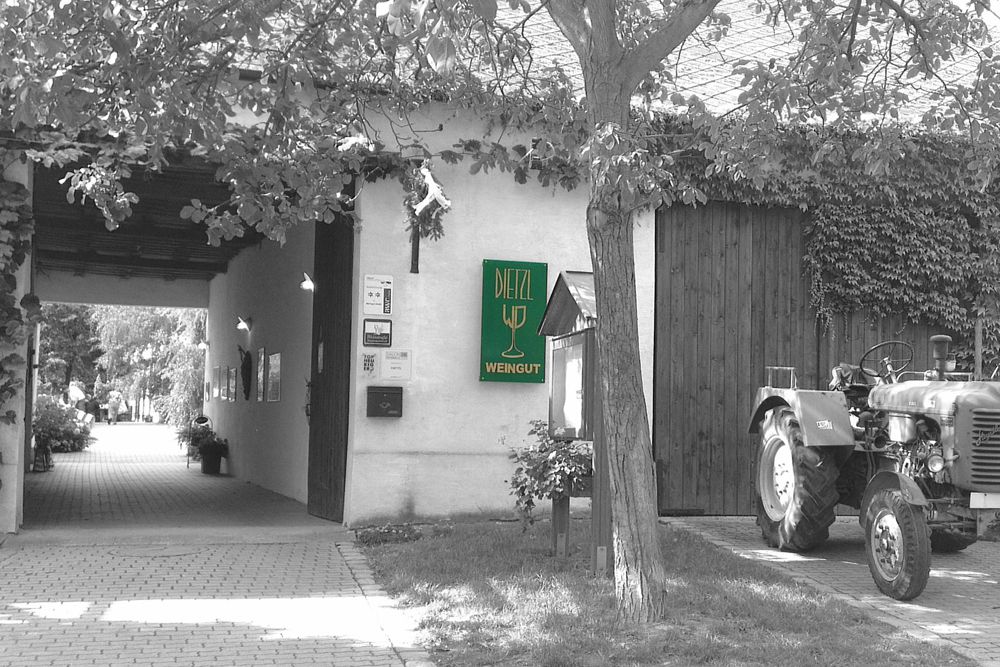 Vjezd do vinařství s traktorem a nápisem "Dietzl Weingut".