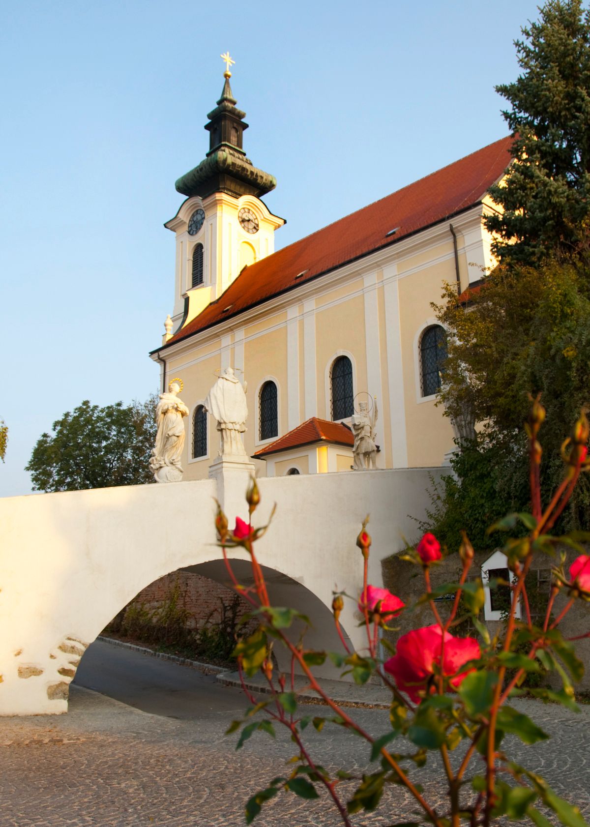 Farní kostel ve Wolkersdorfu se sochami a růžemi v popředí.