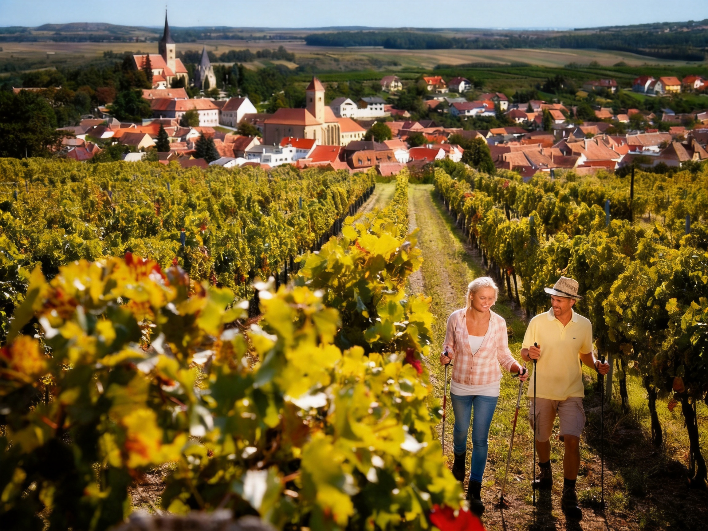 Ein Paar wandert durch einen Weingarten über der Stadt Pulkau