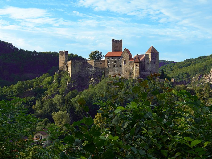 Burg Hardegg auf einem bewaldeten Hügel mit blauem Himmel im Hintergrund.