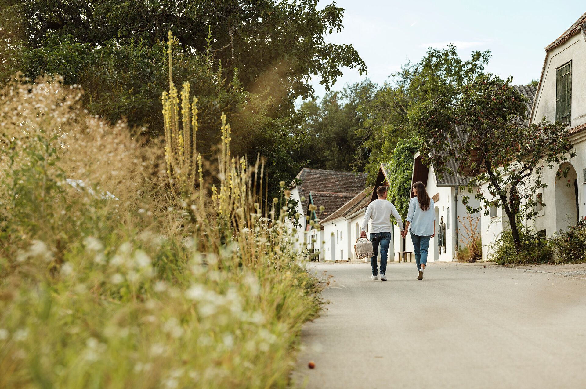 In der malerischen Kellergasse Rosenpoint genießen zwei Freunde ein entspanntes Picknick. Umgeben von üppigem Grün und den charmanten Weinhäusern der Region, laden die Köstlichkeiten aus dem Picknickkorb zum Verweilen ein. Ein Glas Wein und die sanfte Brise schaffen eine perfekte Atmosphäre für unvergessliche Momente.