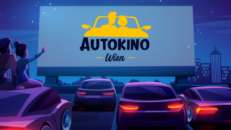 Illustration eines Autokinos in Wien bei Nacht mit Autos und einer großen Leinwand.