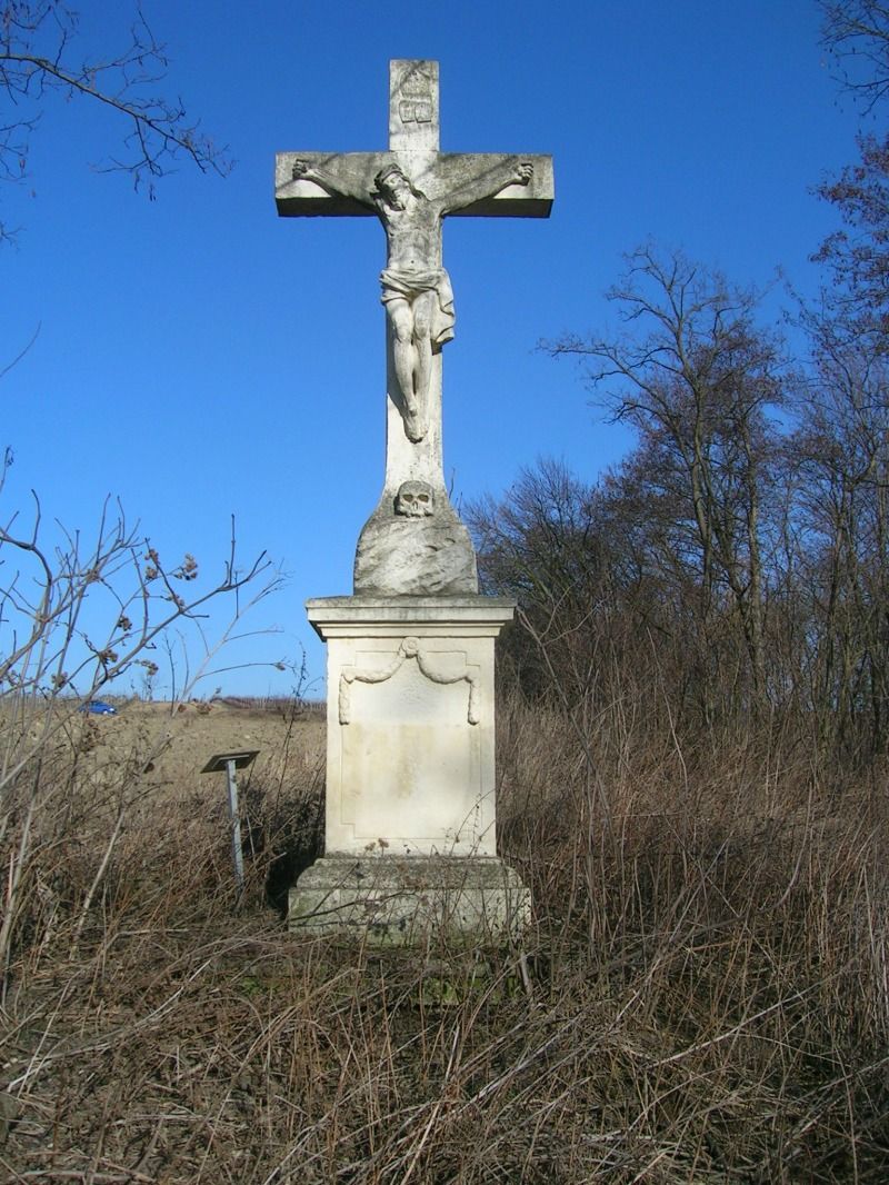 Steinkreuz mit Jesusfigur in einer verwilderten Landschaft unter blauem Himmel.