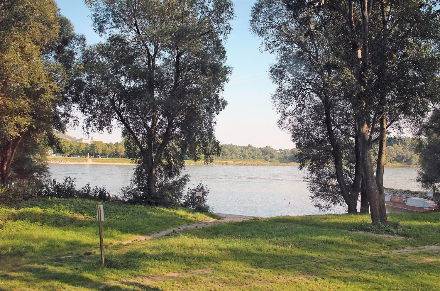 Riverbank with trees and meadow, in the background a river and a boat.