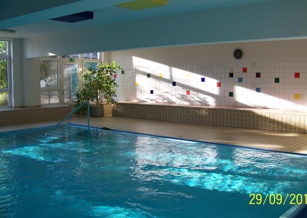 Interior view of an indoor swimming pool with blue water and colorful tiled wall.