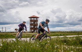 Zwei Radfahrer fahren auf einem Weg vor einem Aussichtsturm, umgeben von grüner Landschaft und bewölktem Himmel.
