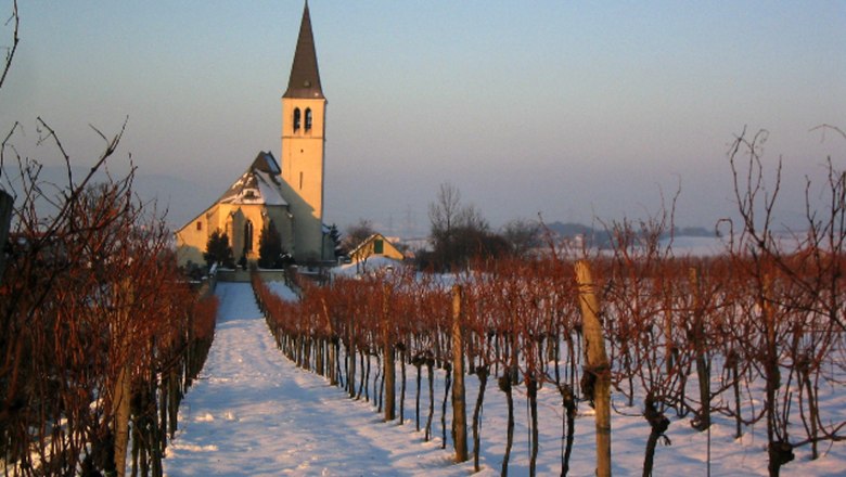 Church in winter with snow-covered path and bare vines.